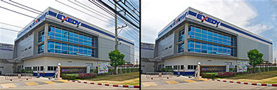 Photo retouching showing factory building picture before and after