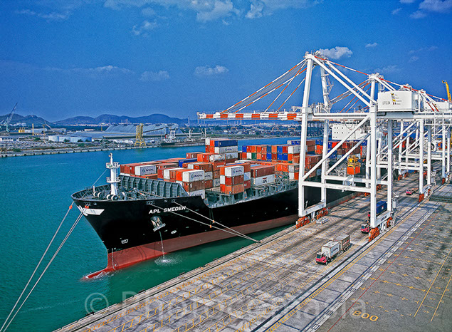 Cargo ship loading containers in Laem Chaabang Port Thailand